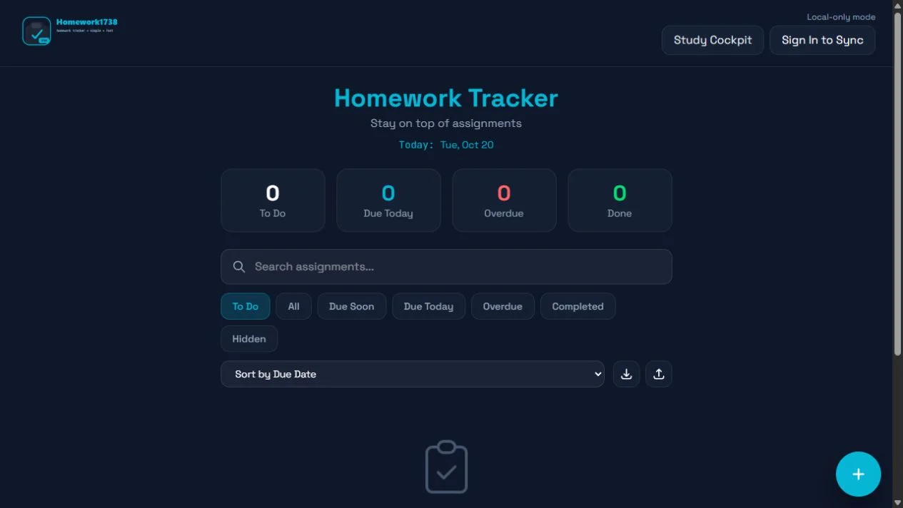 The actual Homework1738 assignment tracker in its empty state