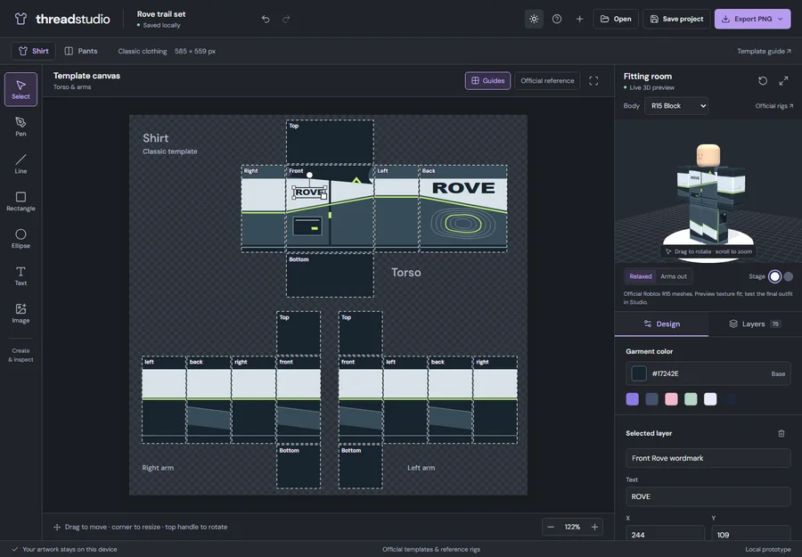 The actual Thread Studio workspace with clothing templates and a 3D avatar